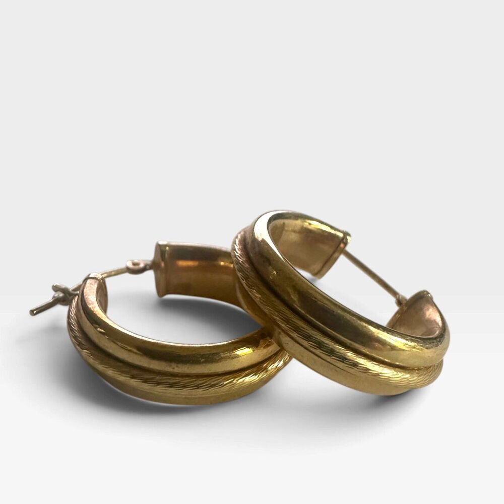 Vintage EternaGold EG 14K Yellow Gold Textured Hoop Earrings 2.34g